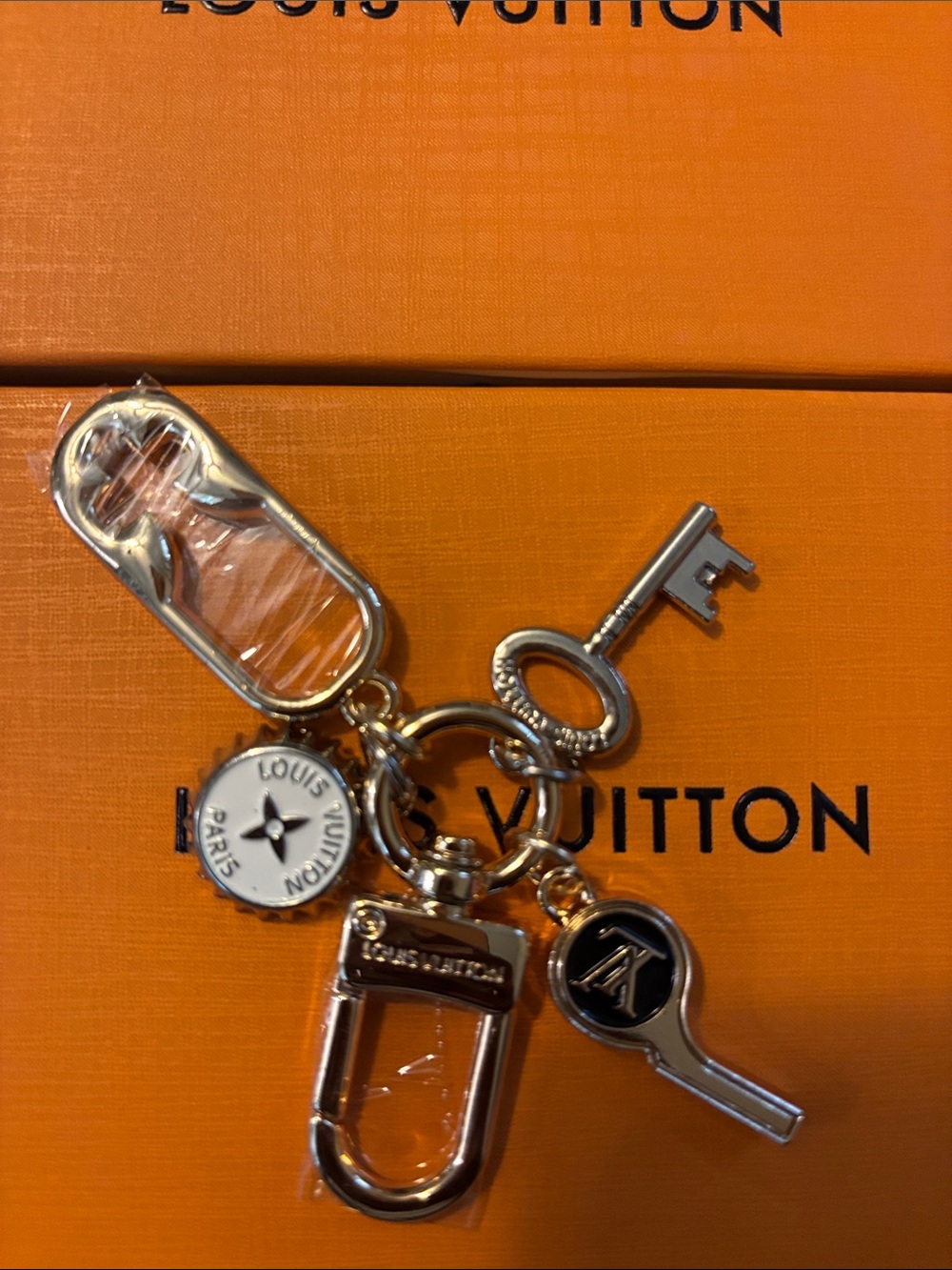 LV Gold-tone Charm/Keychain with Black and White Accents